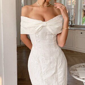 Bow Off-Shoulder Textured Mini Dress | Formal Sheath Stretch Dress